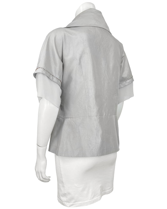 Grey Jewel Embellished Silk Taffeta Peplum Top