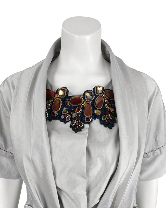 Grey Jewel Embellished Silk Taffeta Peplum Top