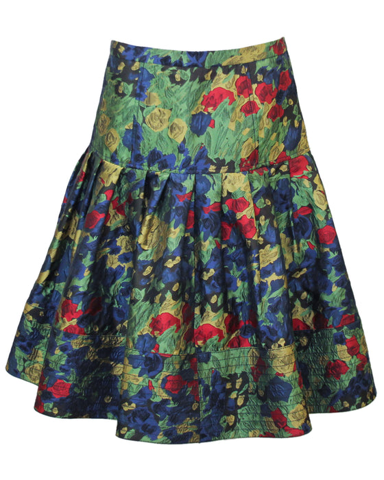 Green and Blue Floral Flared Skirt