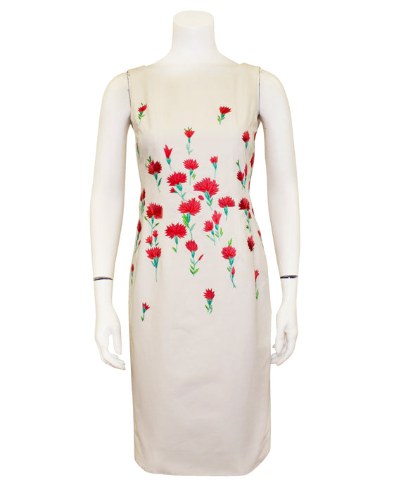 White and Pink Carnation Embroidered Dress and Cardigan Ensemble