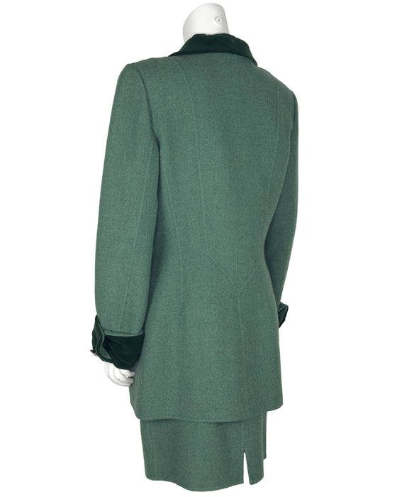 Green Wool and Velvet Skirt Suit