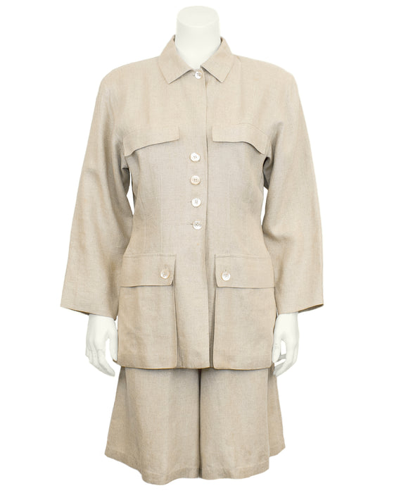 Beige MaxMara Penny Black Linen Safari Jacket and Short Ensemble