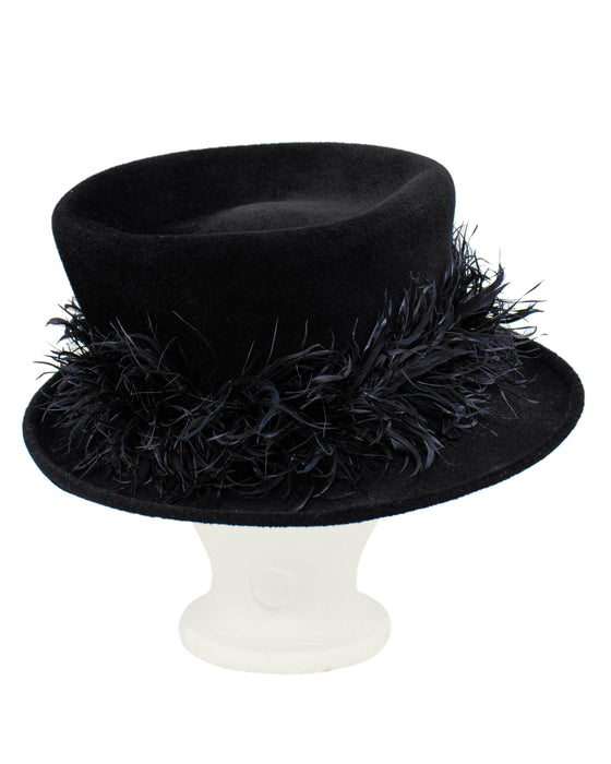 Black Asymmetrical Hat with Feathers