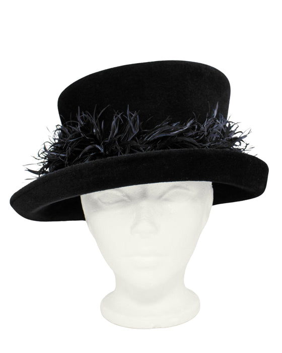 Black Asymmetrical Hat with Feathers