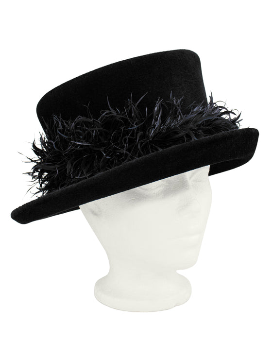 Black Asymmetrical Hat with Feathers