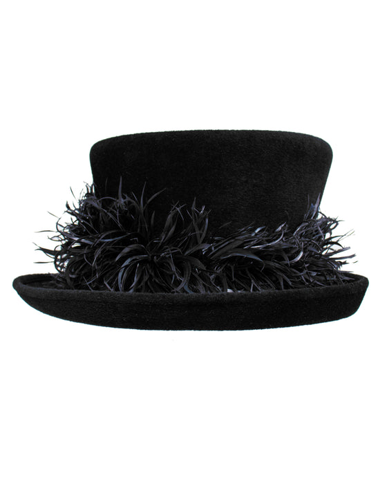 Black Asymmetrical Hat with Feathers