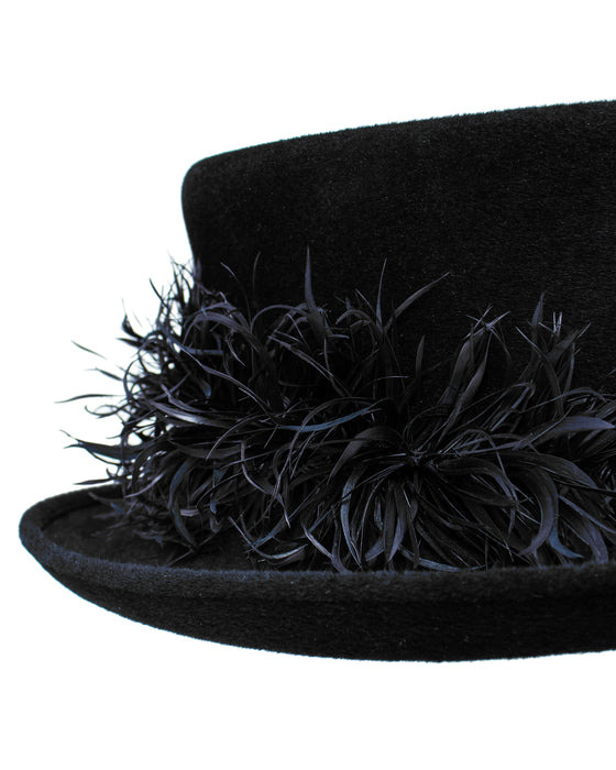 Black Asymmetrical Hat with Feathers
