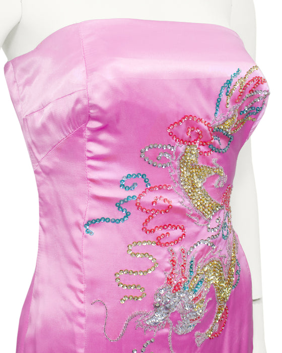 Pink Strapless Silk Gown with Beaded Dragon and Phoenix