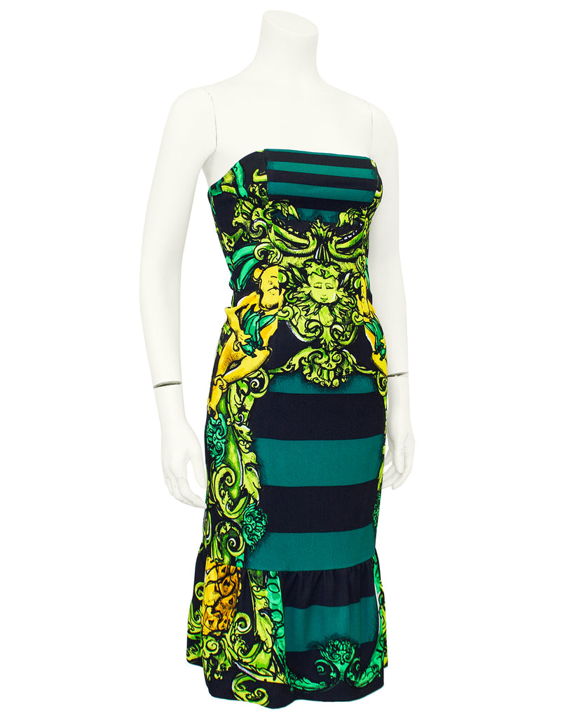 Spring/Summer 2011 Green and Black Stripe Cherub Print Strapless Dress Vintage Couture Spring/Summer 2011 Green and Black Stripe Cherub Print Strapless Dress Vintage Couture