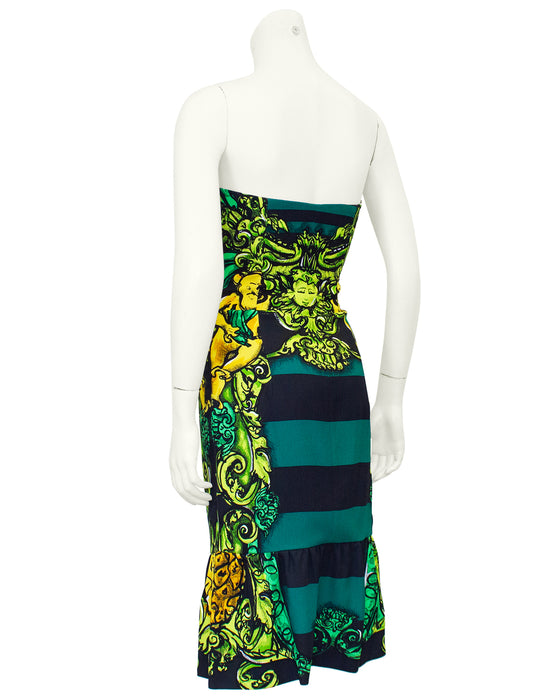 Spring/Summer 2011 Green and Black Stripe Cherub Print Strapless Dress