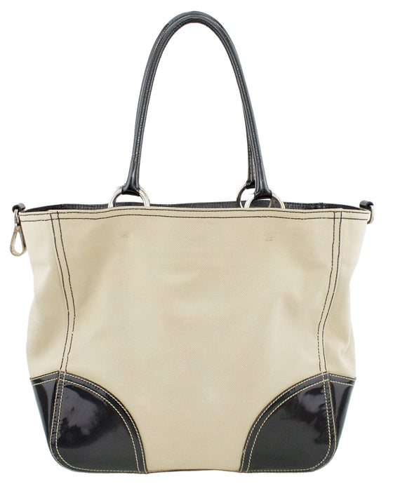 Beige Canvas Tote with Black Patent Leather