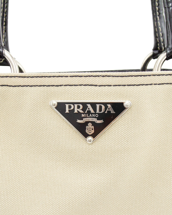 Beige Canvas Tote with Black Patent Leather