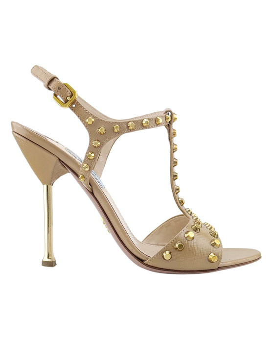 Beige Leather Studded Sandal Heels