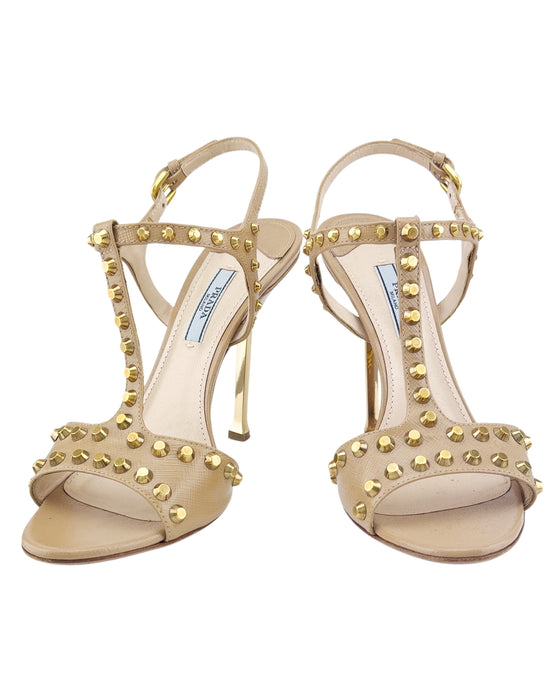 Beige Leather Studded Sandal Heels