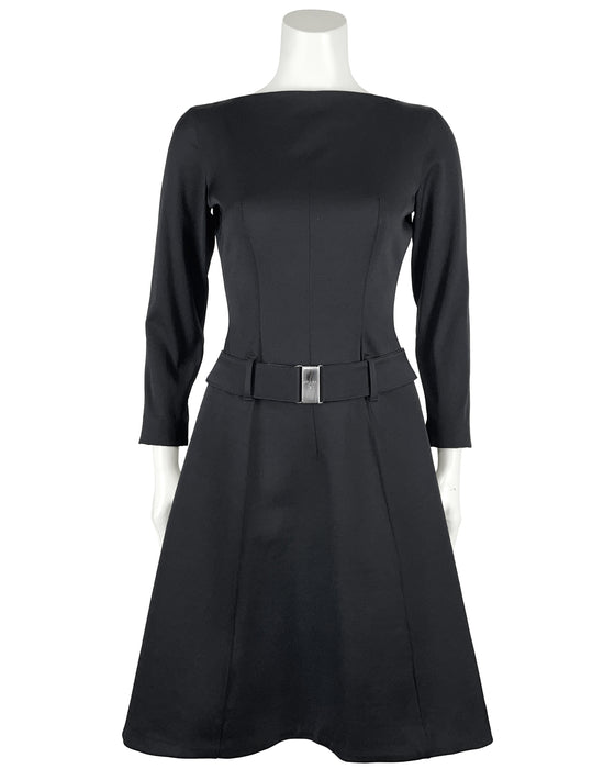 Black Nylon Long-Sleeve A-Line Dress with Belt