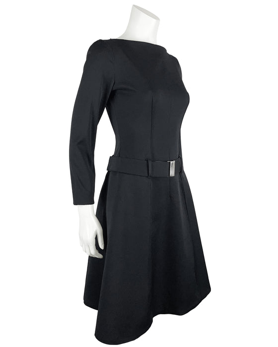 Black Nylon Long-Sleeve A-Line Dress with Belt