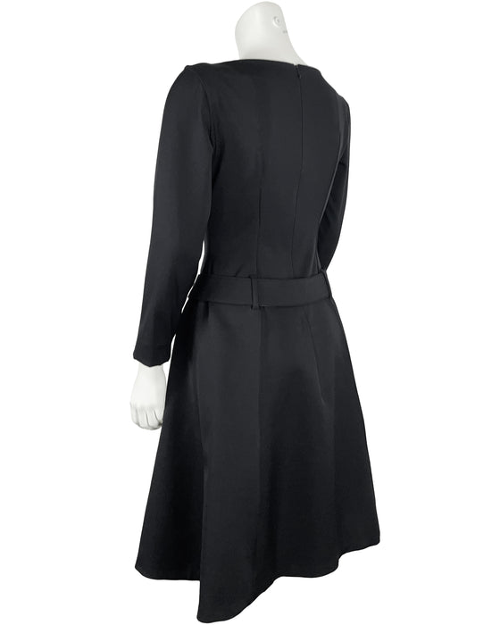Black Nylon Long-Sleeve A-Line Dress with Belt