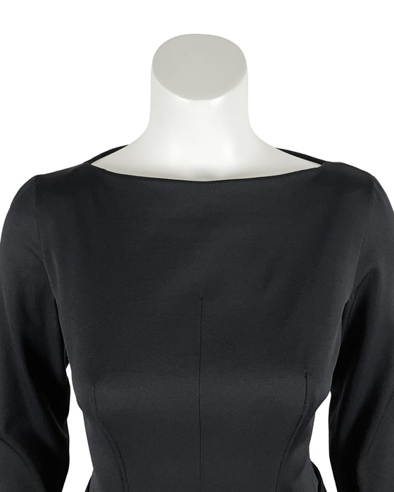 Black Nylon Long-Sleeve A-Line Dress with Belt