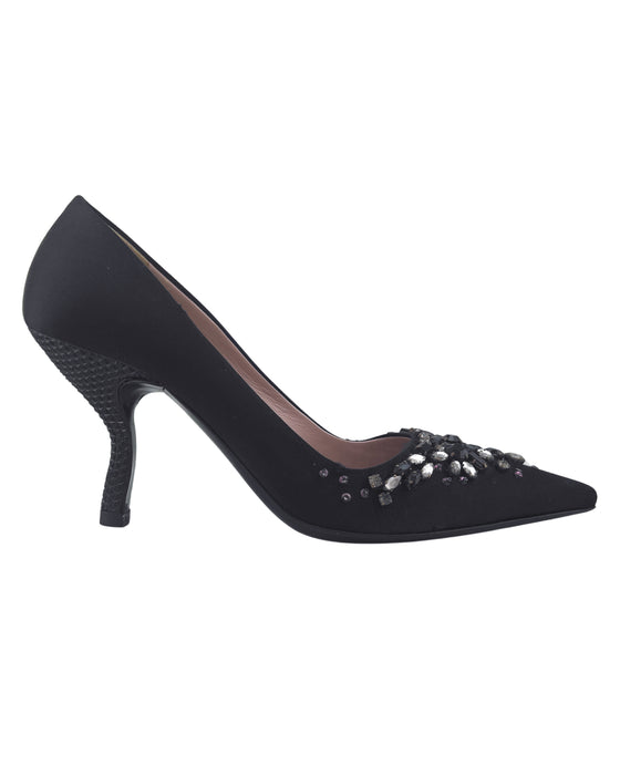 Black Satin Pumps with Jewels and Studded Heels