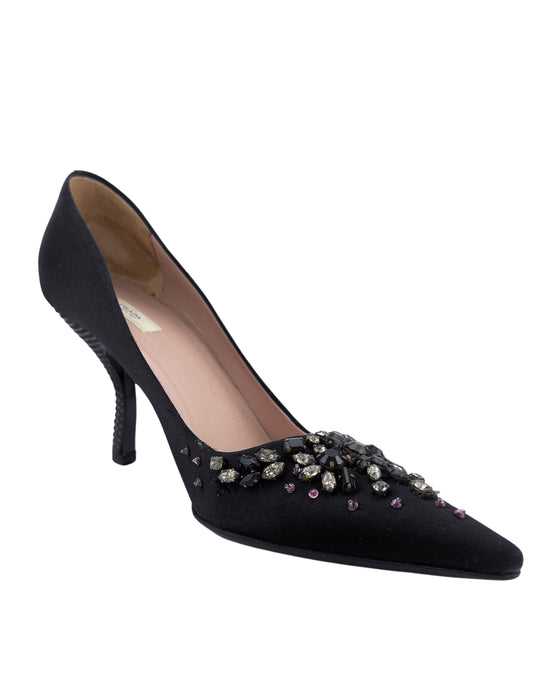 Black Satin Pumps with Jewels and Studded Heels