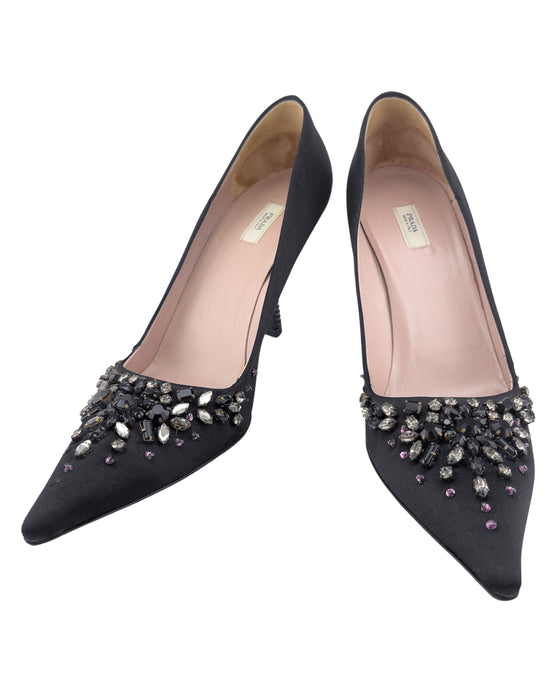 Black Satin Pumps with Jewels and Studded Heels
