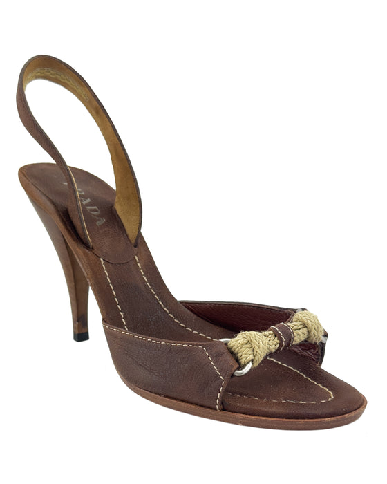 Brown Leather Sling Back Heels with Rope Detail