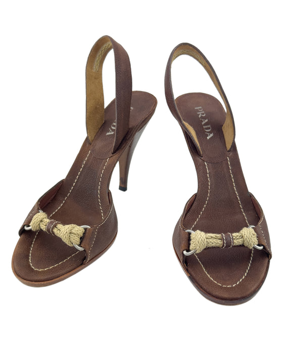 Brown Leather Sling Back Heels with Rope Detail