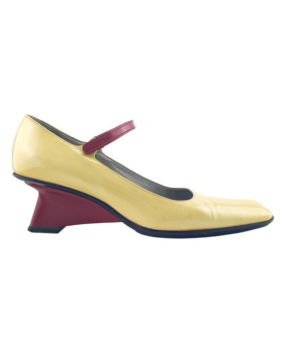 Butter Yellow and Red F/W 1998 Mary Janes with Wedge Heel