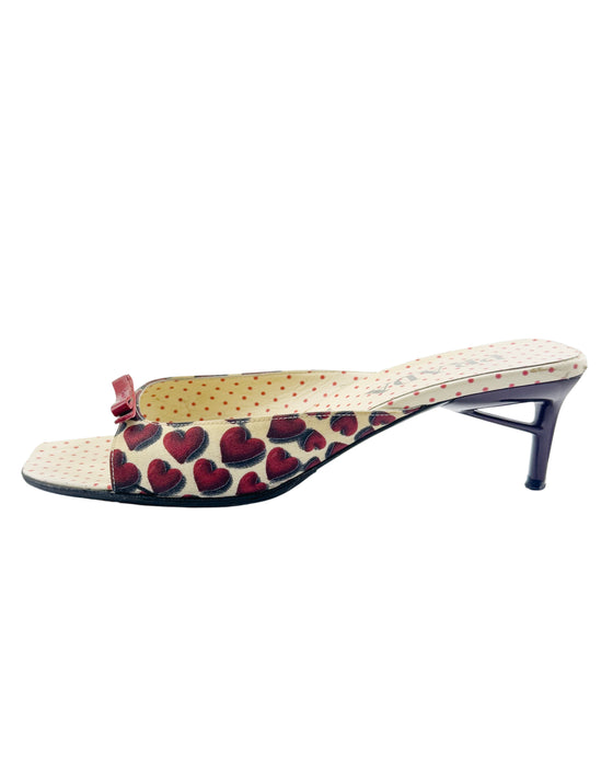 Red and Cream Heart Print Kitten Heel Mules