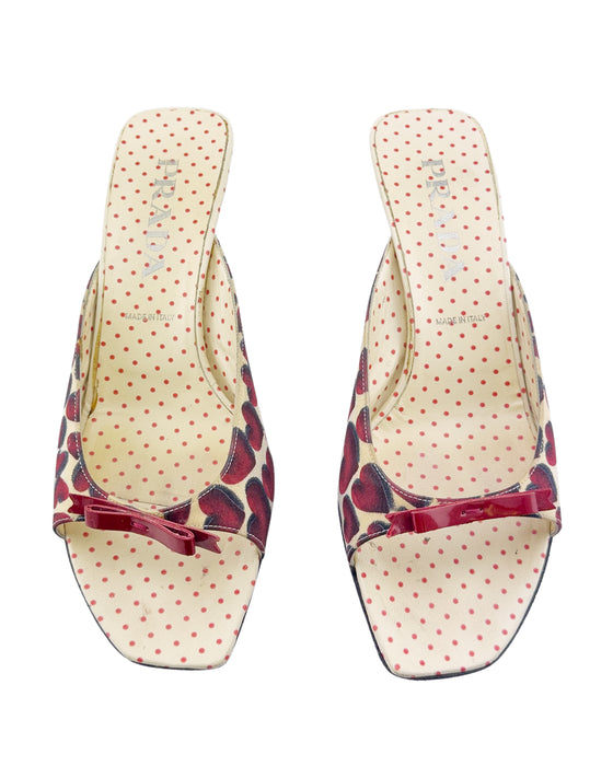Red and Cream Heart Print Kitten Heel Mules