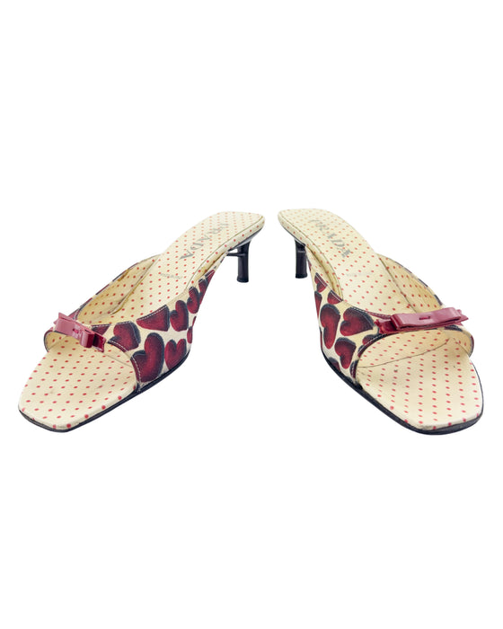Red and Cream Heart Print Kitten Heel Mules