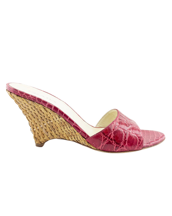 Red Faux Croc and Wicker Wedge Mules
