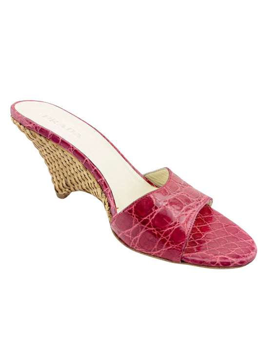 Red Faux Croc and Wicker Wedge Mules