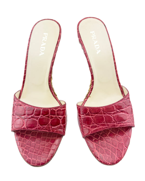 Red Faux Croc and Wicker Wedge Mules