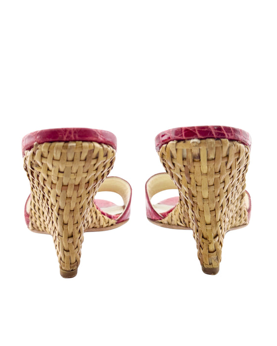 Red Faux Croc and Wicker Wedge Mules