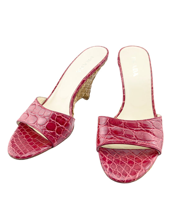 Red Faux Croc and Wicker Wedge Mules