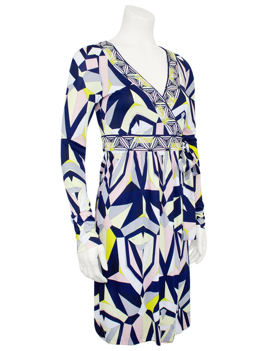 Navy and Yellow Printed Wrap Dress