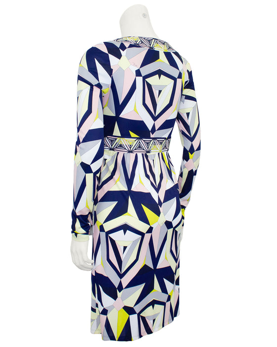 Navy and Yellow Printed Wrap Dress