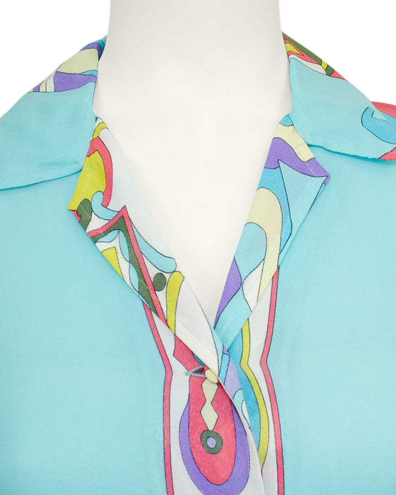Turquoise Silk Chiffon Printed Shirt