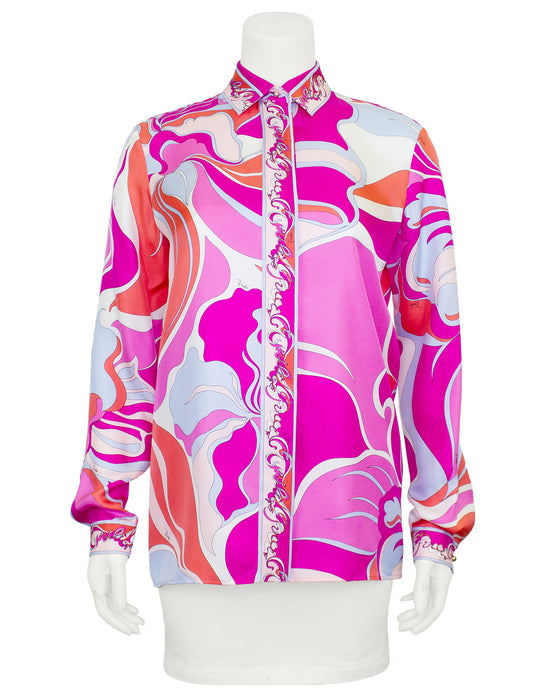 Pink, Orange and Pale Blue Printed Silk Shirt