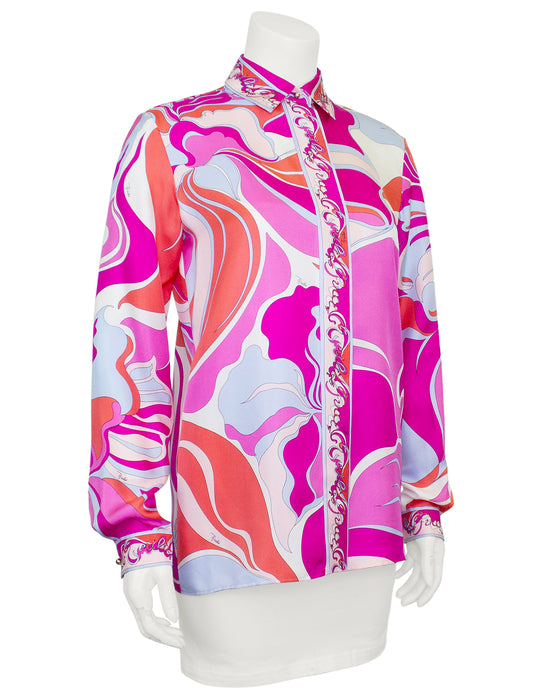 Pink, Orange and Pale Blue Printed Silk Shirt