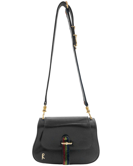 Black Leather and Velvet Shoulder Bag