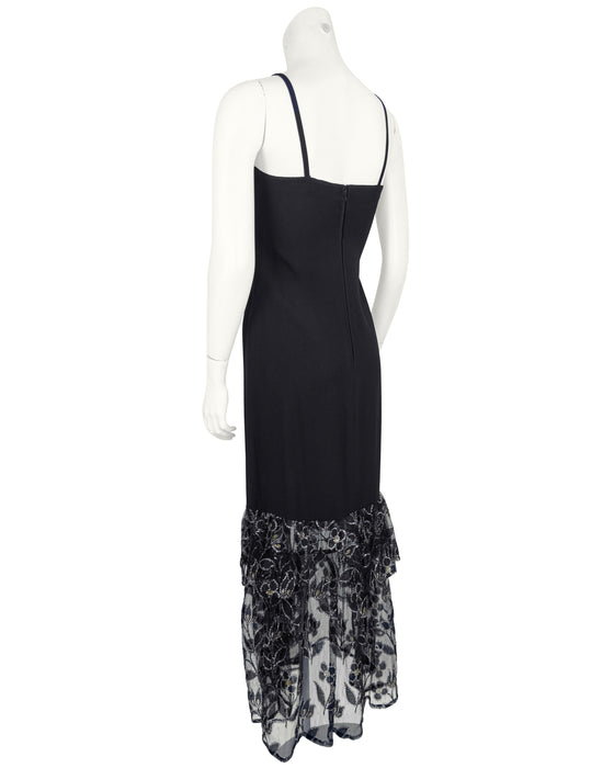 Black Gown with Gold and Silver Lace Flounce Hem