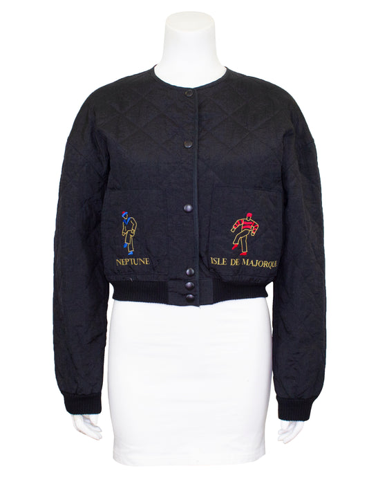 Black Quilted and Embroidered Bomber Jacket