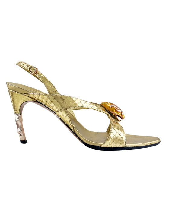 Gold Heeled Sandals with Metal Snake Head and Bamboo Heel