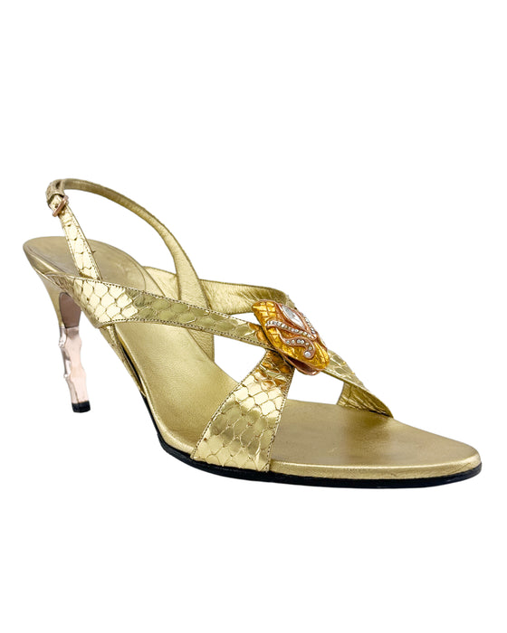 Gold Heeled Sandals with Metal Snake Head and Bamboo Heel