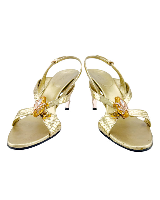 Gold Heeled Sandals with Metal Snake Head and Bamboo Heel