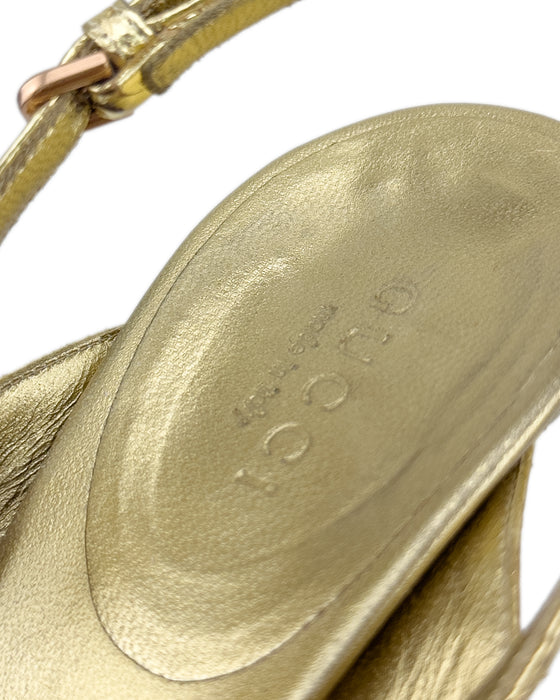 Gold Heeled Sandals with Metal Snake Head and Bamboo Heel