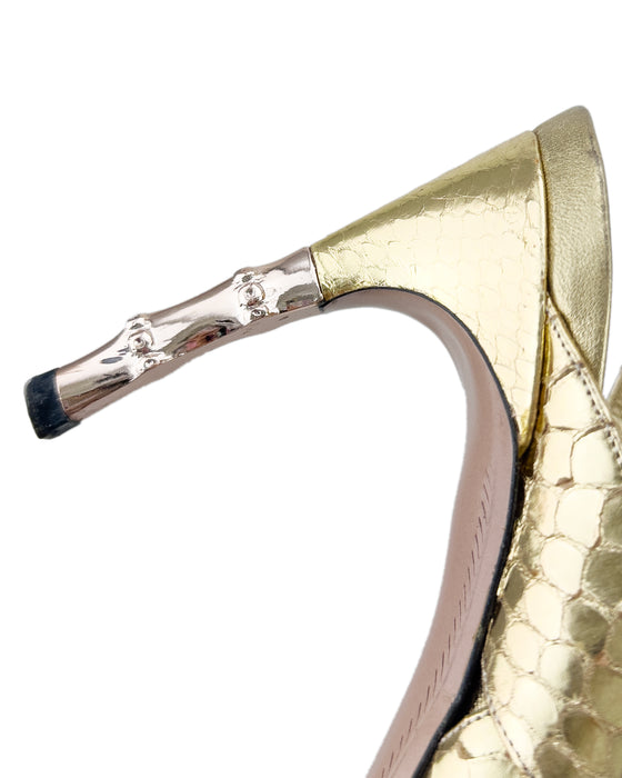 Gold Heeled Sandals with Metal Snake Head and Bamboo Heel