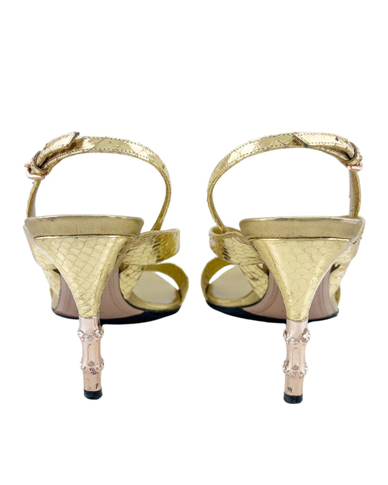 Gold Heeled Sandals with Metal Snake Head and Bamboo Heel